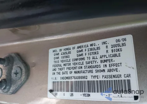 2006 Honda Accord 3.0 Ex from USA, damaged, VIN 1HGCM66576A066962